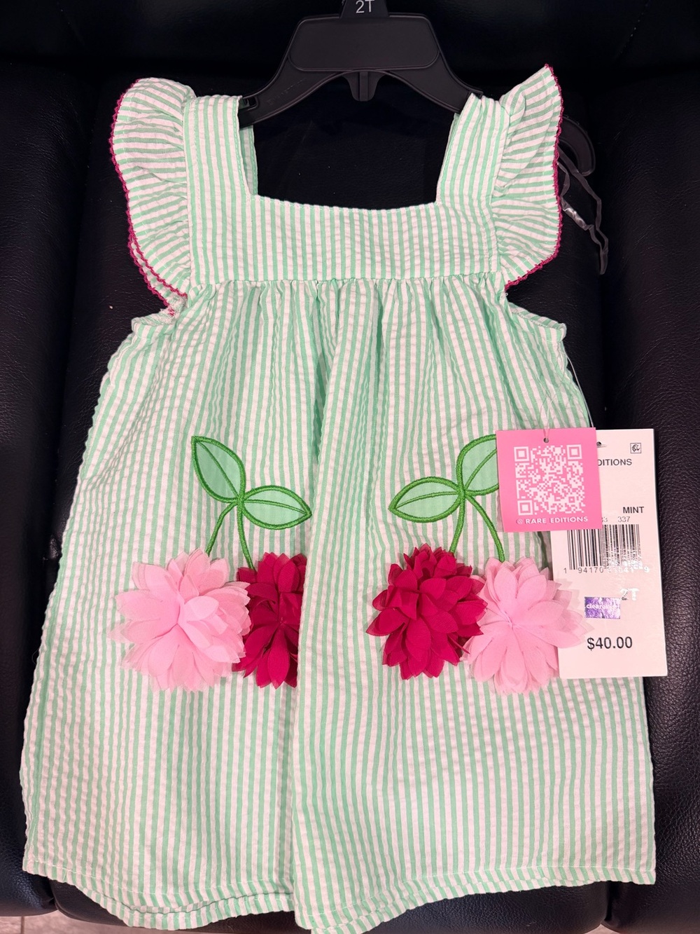 Rare Editions Mint Green and Pink Floral Striped Dress - 2T